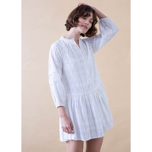Apiece Apart Laguna Mini Dress Tiered Cotton 3/4 Sleeve Medium White Cream Boho